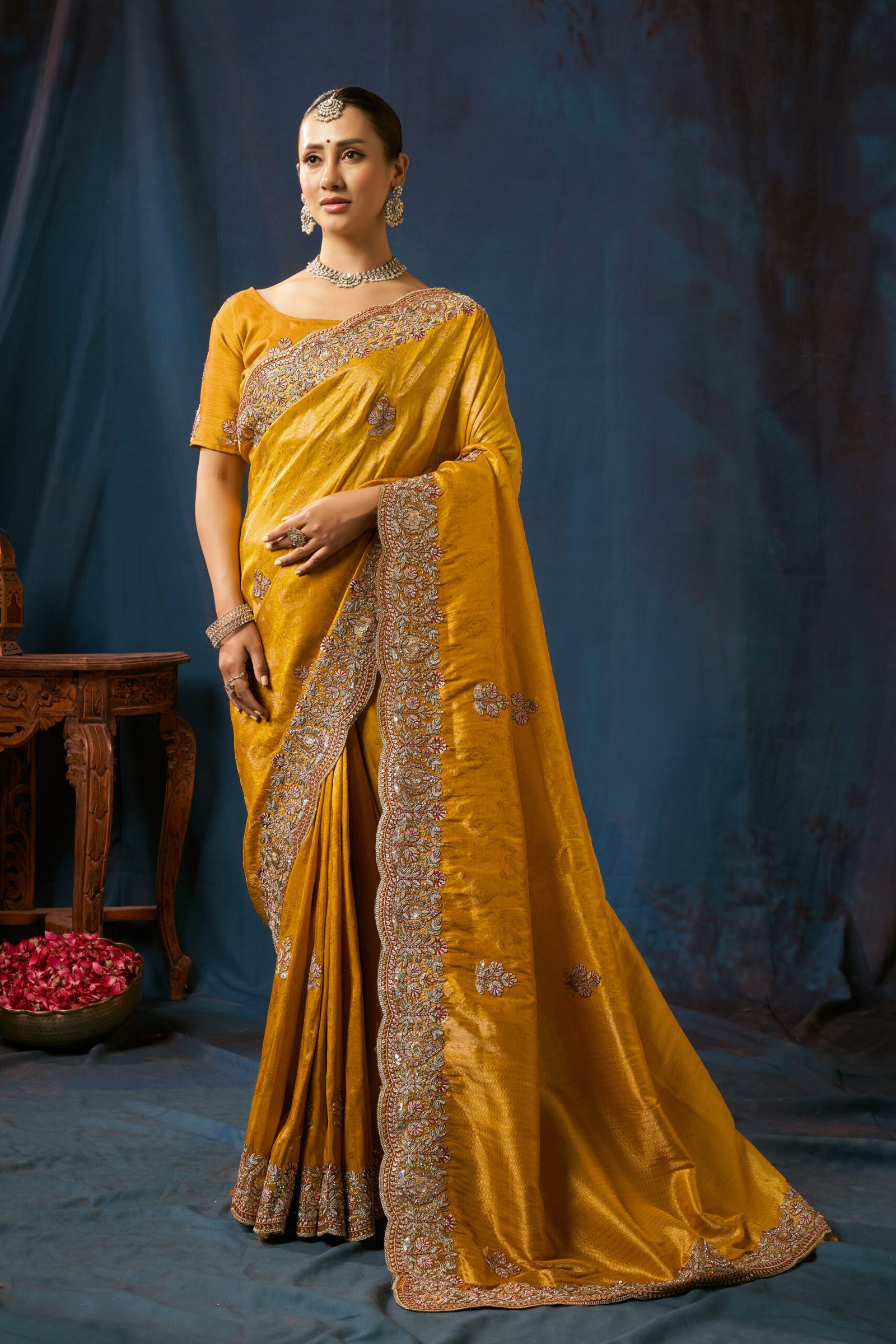Traditional Golden Saree with Rich Embroidery