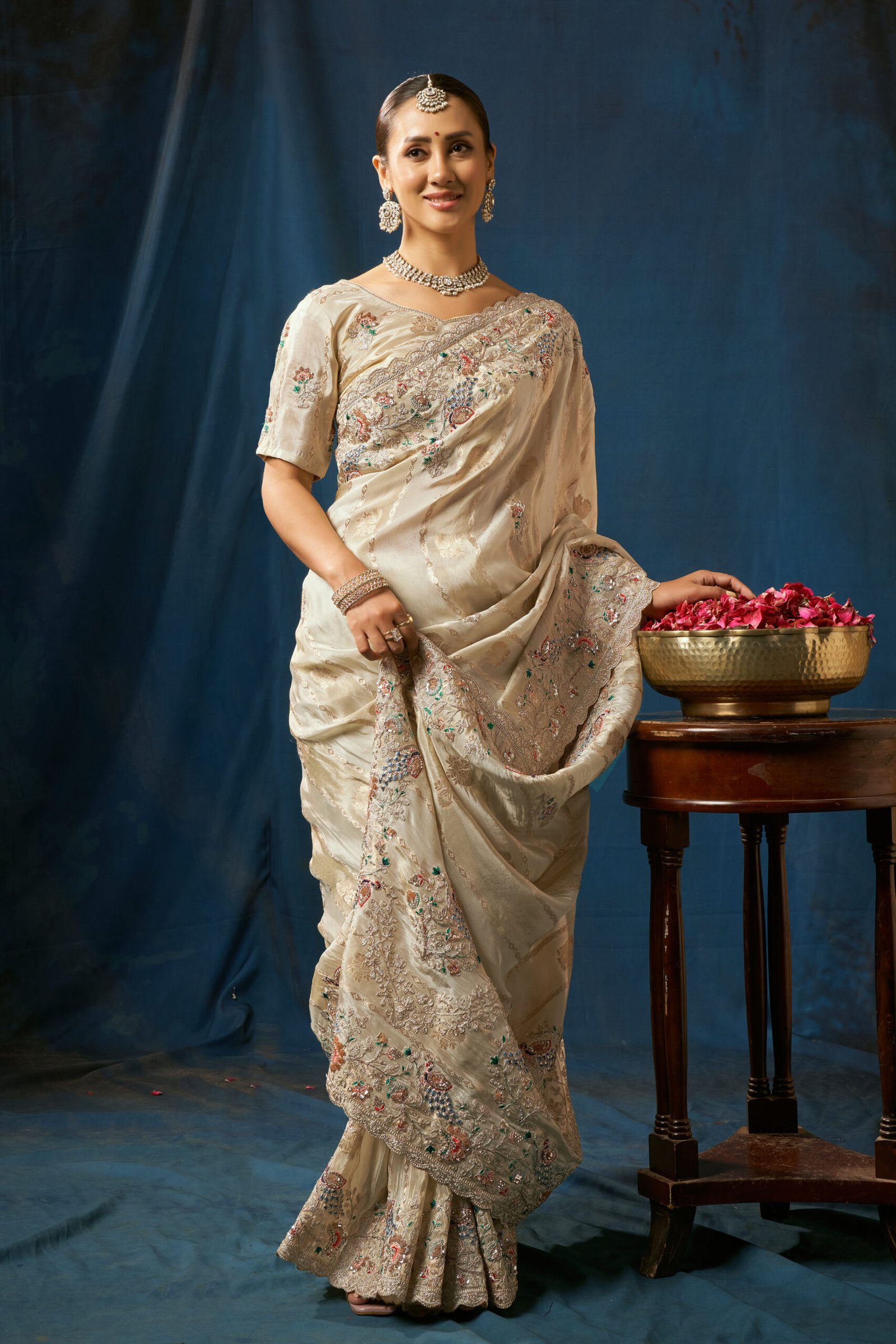 Timeless Cream Saree with Beautiful Floral Embroidery