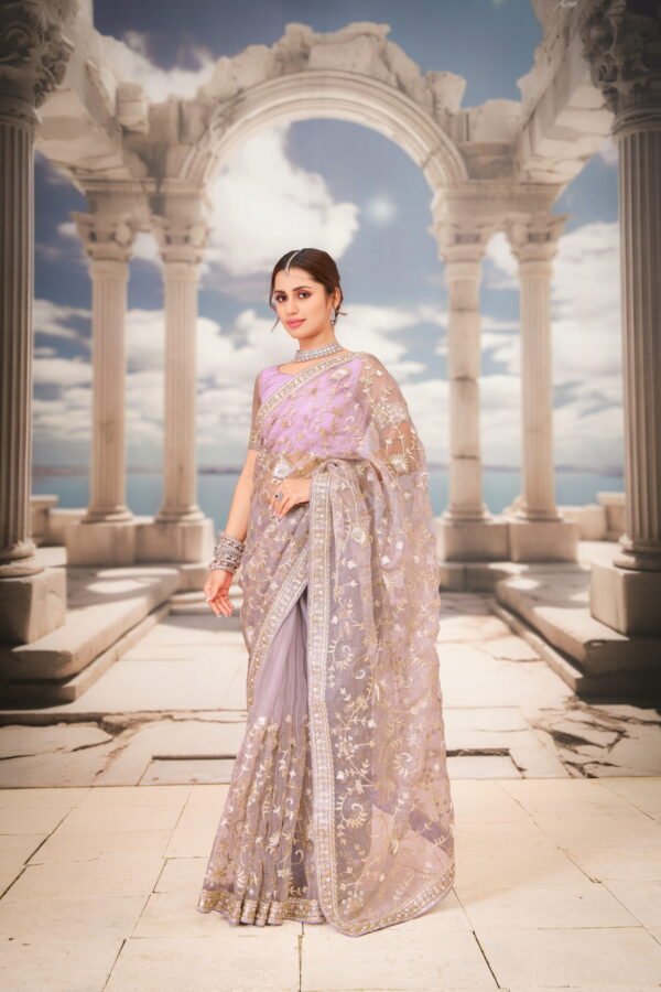 Lavender and Fancy Floral Saree with Sequence Embroidery