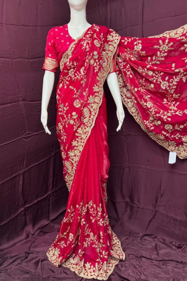 Red Frendy Silk Embroidery Bridal Saree
